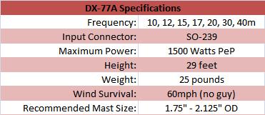 
<br>
<br>DX-77A                    Specifications
<br>
<br>Electrical                Specifications
<br>Bands                     10, 15, 17, 20, 30, and 40 Meters
<br>Max Power                 1500 Watts PEP
<br>Input Connector           SO-239
<br>
<br>Mechanical                Specifications
<br>Height                    29 feet
<br>Weight                    25 pounds
<br>Wind Survival             60mph (no guy)
<br>Recommended Mast Size     1.75 in - 2.125 in. OD
<br>