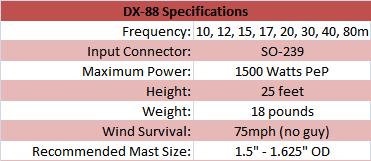 
<br>
<br>DX-88                     Specifications
<br>Electrical                Specifications
<br>Bands                     10, 12, 15, 17, 20, 30, 40, and 80 Meters
<br>Max Power                 1500 Watts PEP
<br>Input Connector           SO-239
<br>
<br>Mechanical                Specifications
<br>Height                    25 feet
<br>Weight                    18 pounds
<br>Wind Survival             75 MPH (no guy)
<br>Recommended Mast Size     1.5 in - 1.625 in. OD
<br>